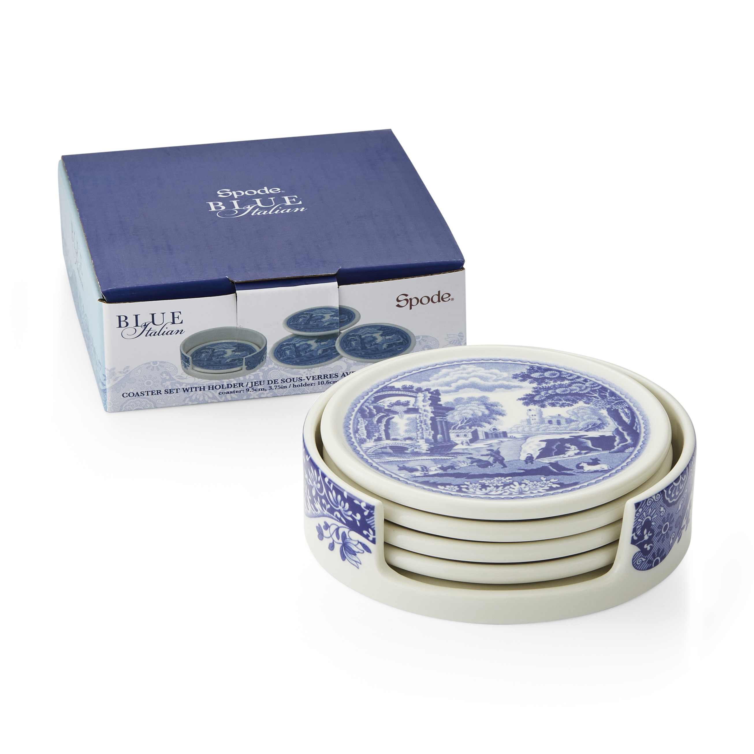 Blue Italian 4 Piece Ceramic Coasters with Holder image number null